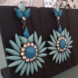 LEE By LEE ANGEL Retro Flower Aqua & Blue Stone/Clear Crystal Drop Earrings